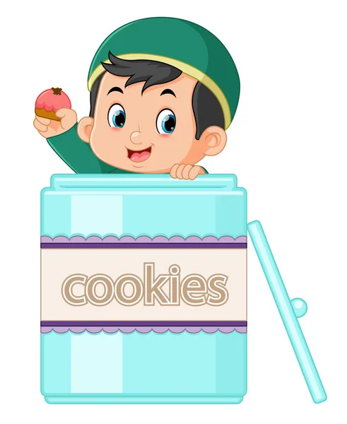 Cute Muslim Boy Gave Surprise Coming Out Big Jar Cookies — Stockvector