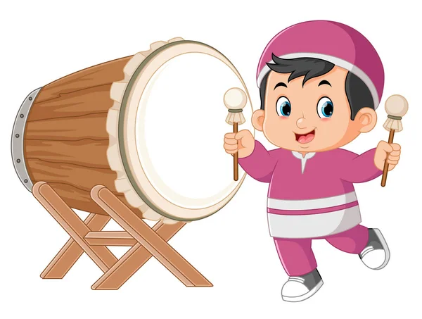 Excited Muslim Boy Beating Big Drum Illustration — Vetor de Stock