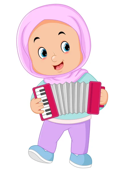 Cute Muslim Girl Playing Accordion Instrument Illustration — Stockový vektor