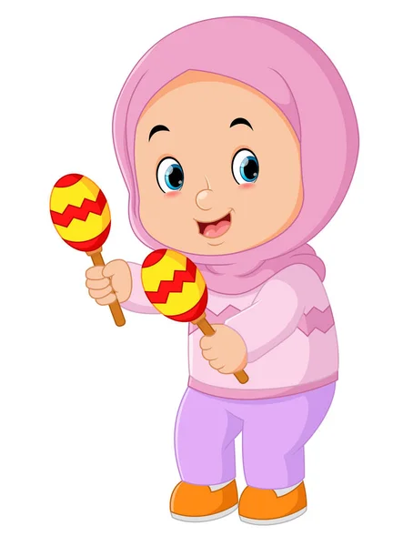 Cute Muslim Girl Playing Maracas Musical Instrument Illustration — Vetor de Stock