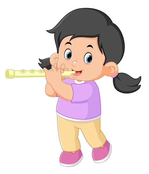Cute Girl Learning Flute Instrument Illustration — Vector de stock