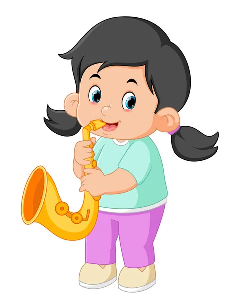 Cute Girl Plays Saxophone Musical Instrument Illustration — Vector de stock