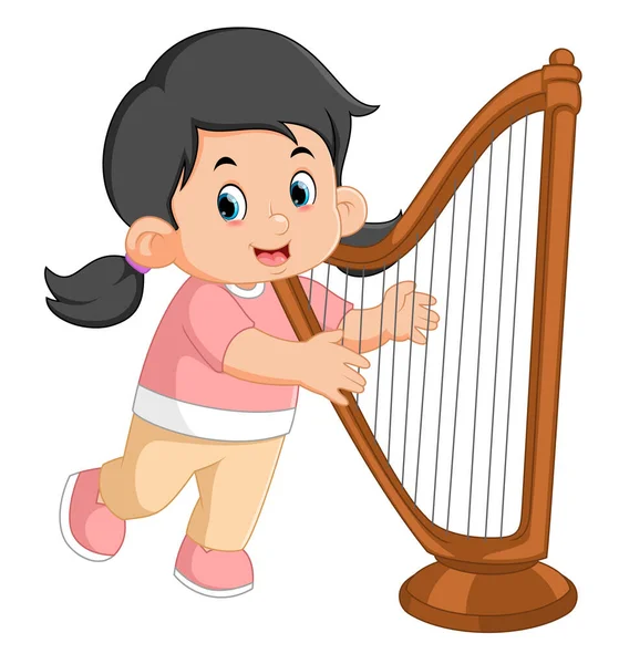 Cute Funny Girl Learning Harp Instrument Illustration — стоковый вектор
