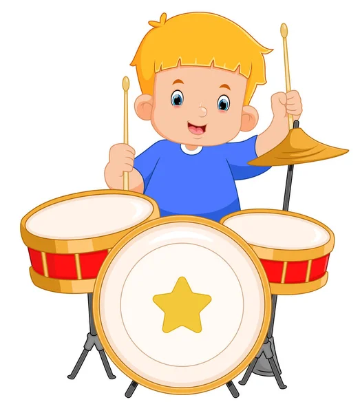 Cute Boy Enthusiastically Plays Drum Set Illustration — стоковый вектор