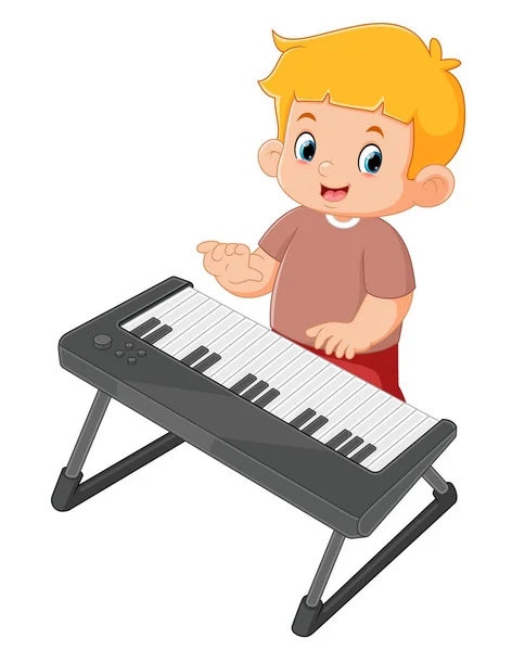 Cute Boy Dancing Having Fun Playing Digital Piano Illustration —  Vetores de Stock
