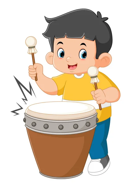 Boy Excitedly Plays Japanese Percussion Taiko Instrument Illustration — Stok Vektör
