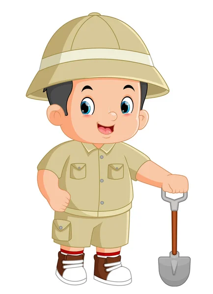 Cute Adventurous Boy Poses Shovel Dig Treasure Illustration — Stok Vektör