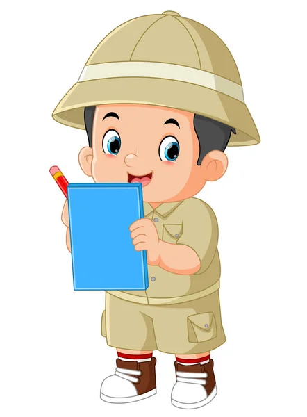 Cute Adventurous Boy Observing Taking Notes Nature Him Illustration — Stock Vector