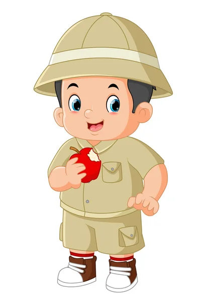 可愛い冒険少年がお腹を空かせて絵のリンゴを食べていた — ストックベクタ