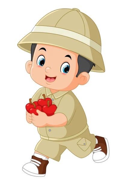 Adventurous Boy Excited Running Carrying Lots Apples Illustration — Stock Vector