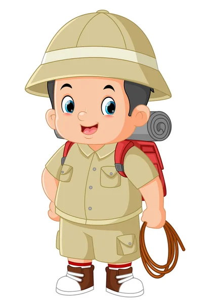 Brave Adventurous Boy Carrying Camping Equipment Rope His Hand Illustration — Stok Vektör
