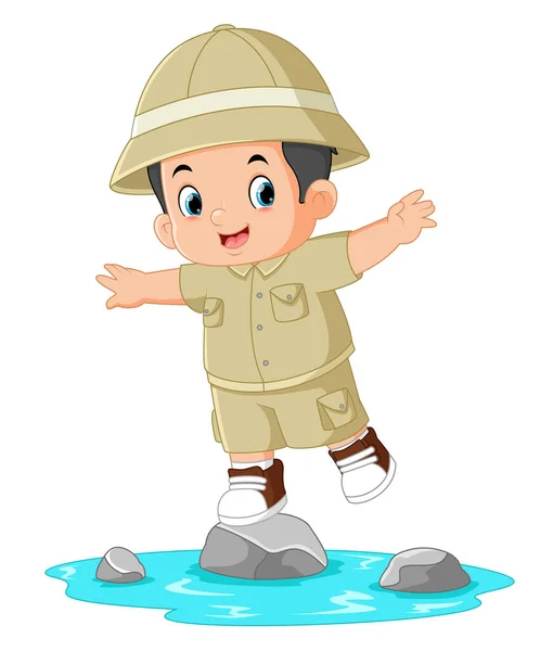 Adventurous Boy Jumps Rocks River Illustration — Stock Vector