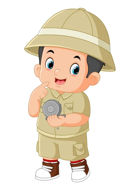 Adventurous Boy Looking Directions Using Compass Illustration — Vettoriale Stock