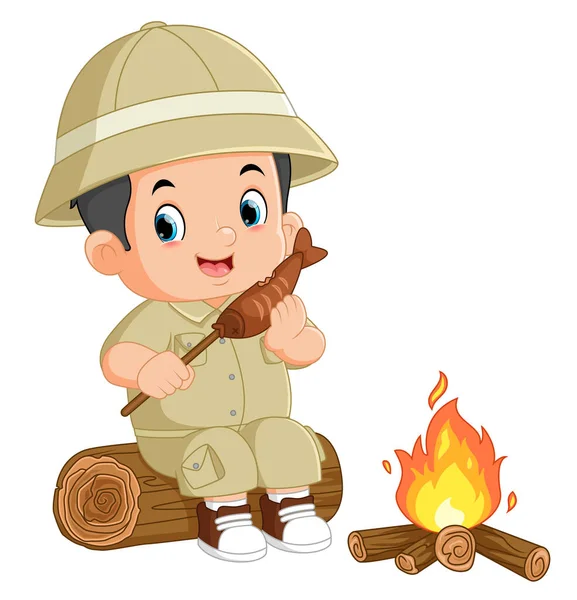 Adventurous Boy Sits Fallen Tree Eating Grilled Fish Front Bonfire — Stock Vector