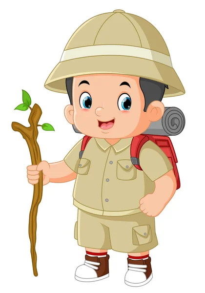 Adventurous Boy Walks Backpack Wooden Stick Illustration — Stok Vektör