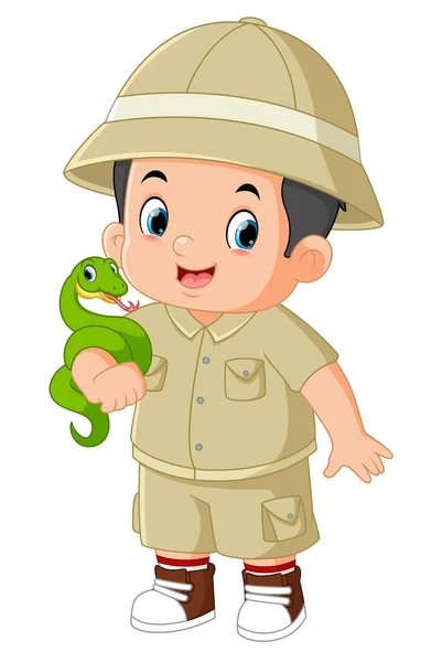Ein Abenteuerlustiger Junge Posiert Mit Einer Grünen Schlange Der Illustration — Stockvektor