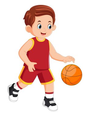 Basketbol oynayan genç bir adam kırmızı bir basketbol tişörtü ile