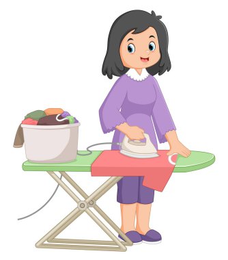 Bir anne hevesle resimli giysileri ütülüyor.