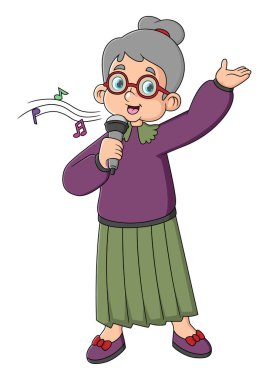 Son sınıflar karaoke yapıyor. Yaşlı kadın mikrofonla şarkı söylüyor. Yaşlılar yaşam tarzı konsepti. Kıdemli bayan karaoke barda dinleniyor. Çizgi film tarzında izole vektör illüstrasyonu