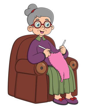 Karikatür karakteri ile örgü işi yapan yaşlı kadın, beyaz arkaplandaki resimde izole edilmiş.
