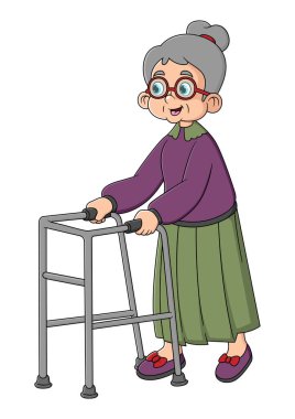 Zimmer çerçeveyle yürüyen yaşlı bir kadın. Resmin beyaz arka planında Clipart resmi izole edildi