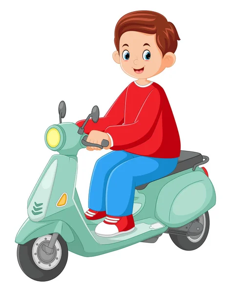 一个年轻人骑着一辆新的摩托车 面带微笑 身穿红色的插图衬衫 — 图库矢量图片