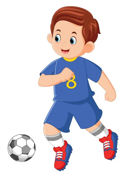 Père Fait Exercice Jouant Soccer Portant Une Chemise Bleu Uniforme — Image vectorielle