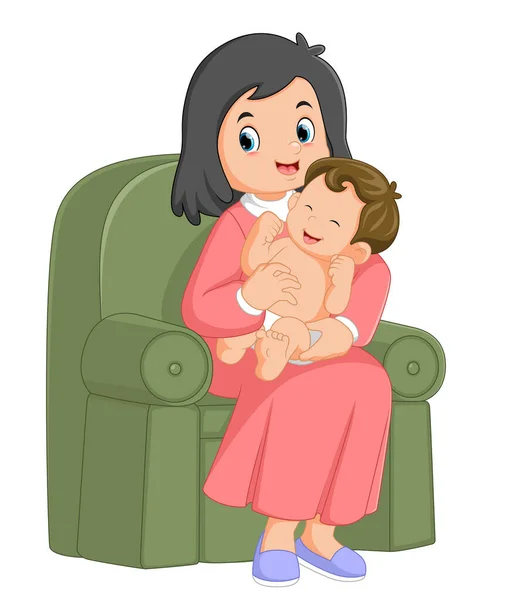Uma Mãe Feliz Está Sentada Sofá Verde Segurando Seu Menino —  Vetores de Stock