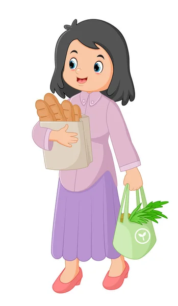 Une Femme Faisant Shopping Avec Des Paniers Légumes Des Sacs — Image vectorielle