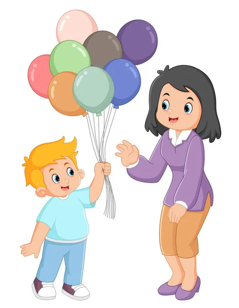 Cute Boy Carrying Lots Balloons Giving Them His Mother Illustration — Stock Vector