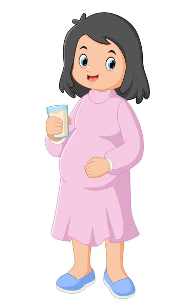 Pregnant Woman Wearing Pink Dress Posing Drinking Glass Milk Illustration — Stock Vector