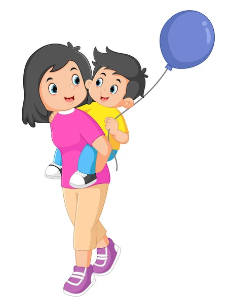 一个背着儿子背着一个画有插图的气球走路的母亲 — 图库矢量图片