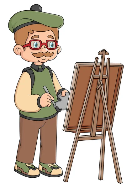 Old Male Painter Character Hold Paintbrush Hand Front Canvas Easel — Stock Vector