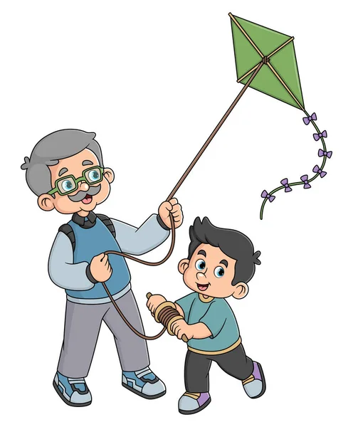 Grandfather Happy His Grandson Playing Kite Illustration — Stock Vector