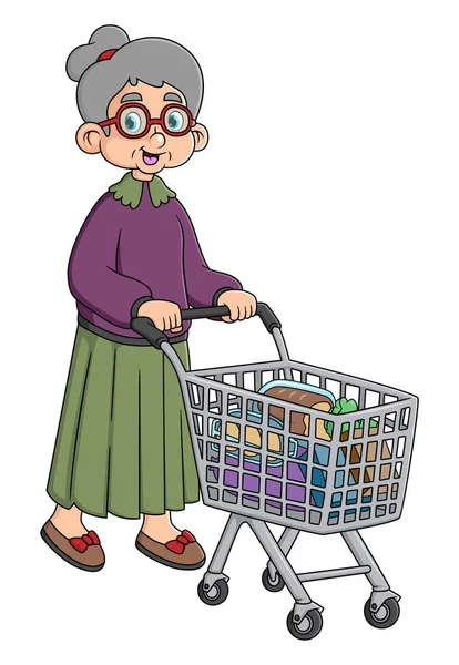 Senior Kvinna Med Kundvagn Illustration — Stock vektor