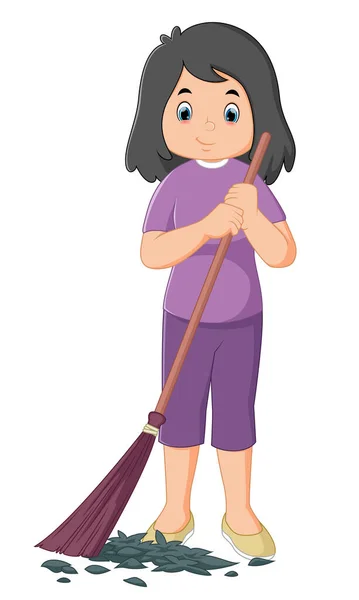 Woman Sweeping Yard Posing Broom Illustration — Stock Vector