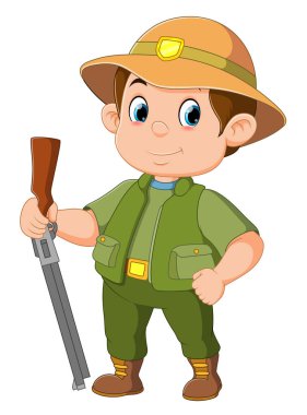 Elinde resimli tüfek tutan komik erkek avcı.