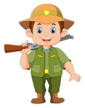 Avcı omzunda tüfek tutuyor. Çizgi film tarzında erkek karakter