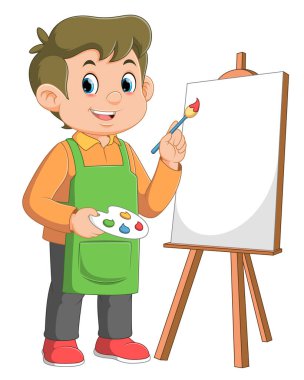Çizgi filmci çocuk resimlerin beyaz arka planında resim yapıyor.