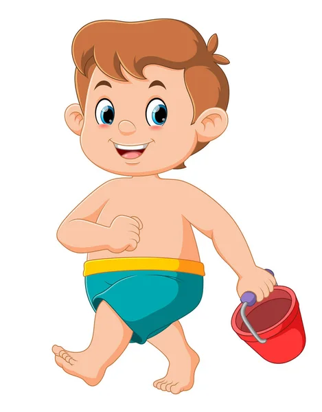 Cartoon Little Boy Carrying Red Bucket Illustration — Stock Vector