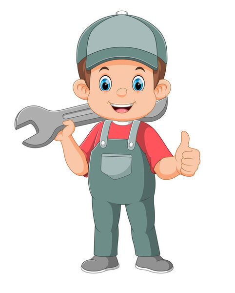 Cartoon mechanic holding a huge wrench of illustration