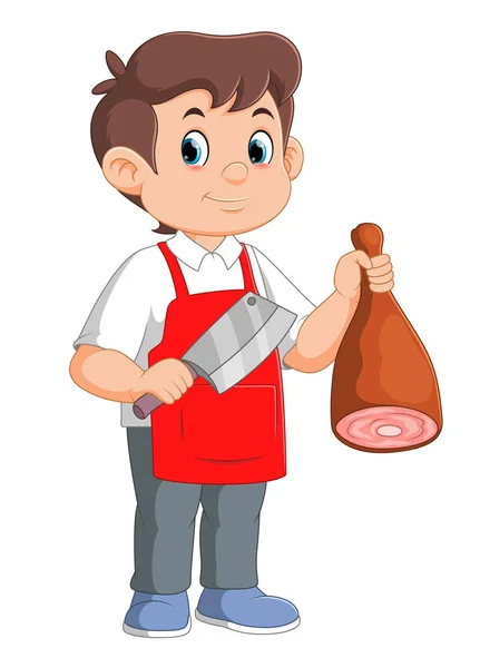 Joven Carnicero Cortar Carne Carnicería Personaje Dibujos Animados Ilustración — Vector de stock