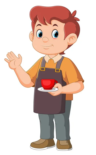 Cartoon Male Barista Waiter Handsome Caucasian Man Character Uniform Restaurant — Stock Vector