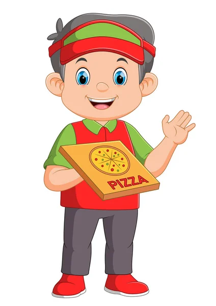 Young Delivery Man Holding Pizza Box While Isolated White Background — Stock Vector