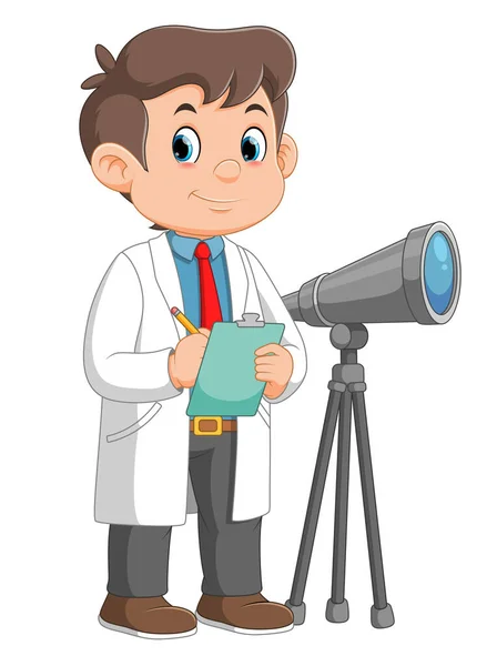 Cartoon Young Boy Looking Telescope Illustration — Stock Vector