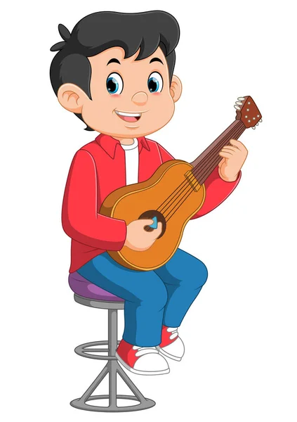 Мультфильм Счастливый Мальчик Играет Гитаре Иллюстрации — стоковый вектор