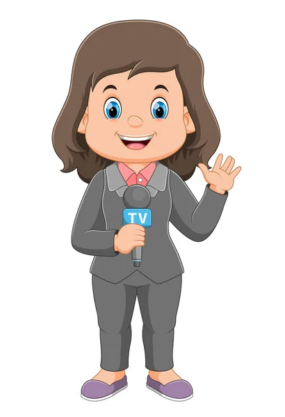 Journalist Woman Beautiful Lady Reporter Holding Microphone Illustration — Stock Vector