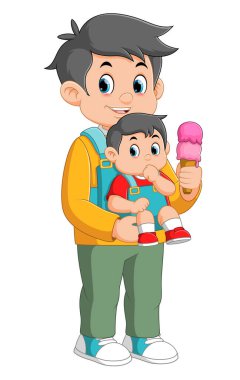 Baba ve oğul birlikte dondurma yiyorlar.