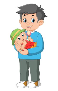 Baba ve tapılası bebeği resimli oyuncaklarla eğleniyorlar.