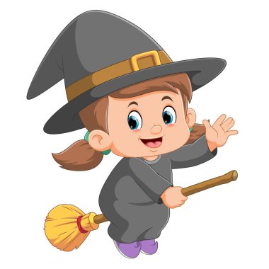 Çizgi film genç cadı çizim süpürgesiyle uçuyor.